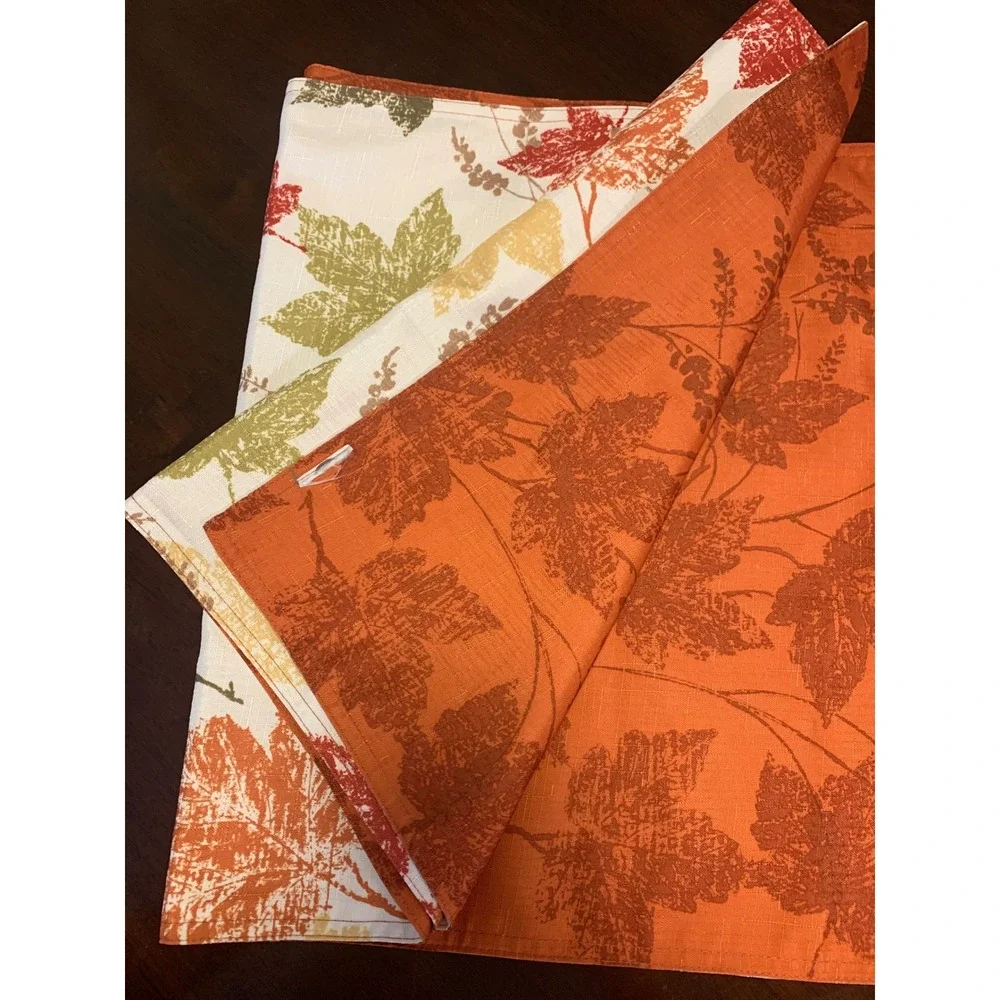 Fall Reversible Table Runner 17x59 Autumn Maple Leaf Orange Green Harvest Decor
